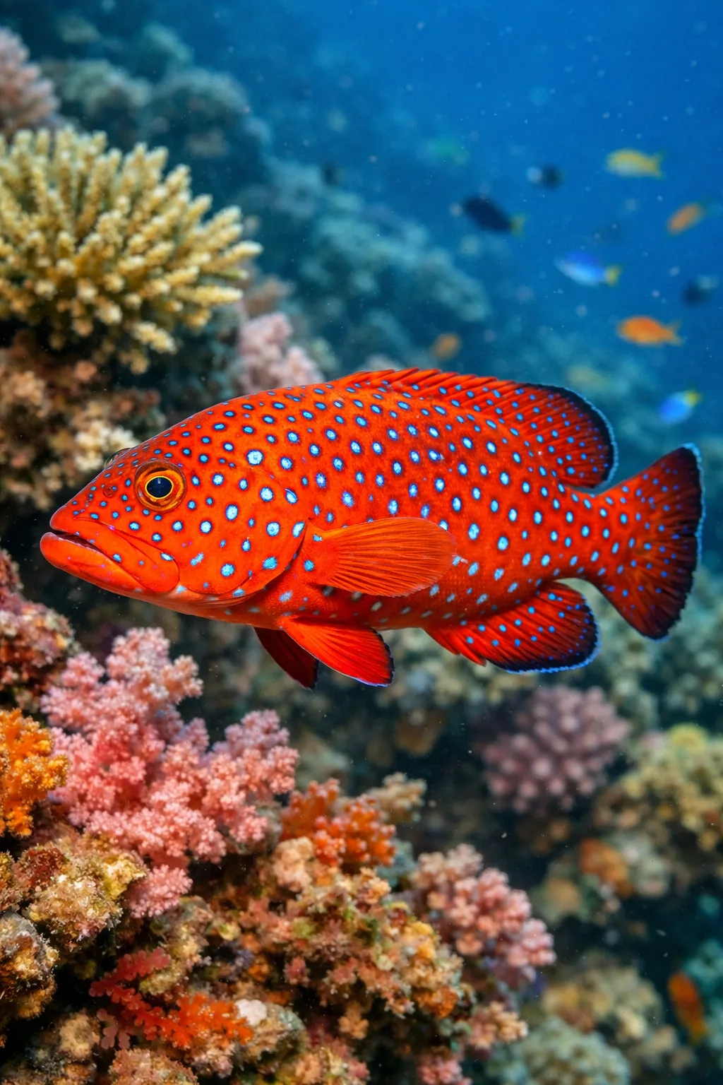 Coral trout with distinctive red coloring and blue spots on a reef