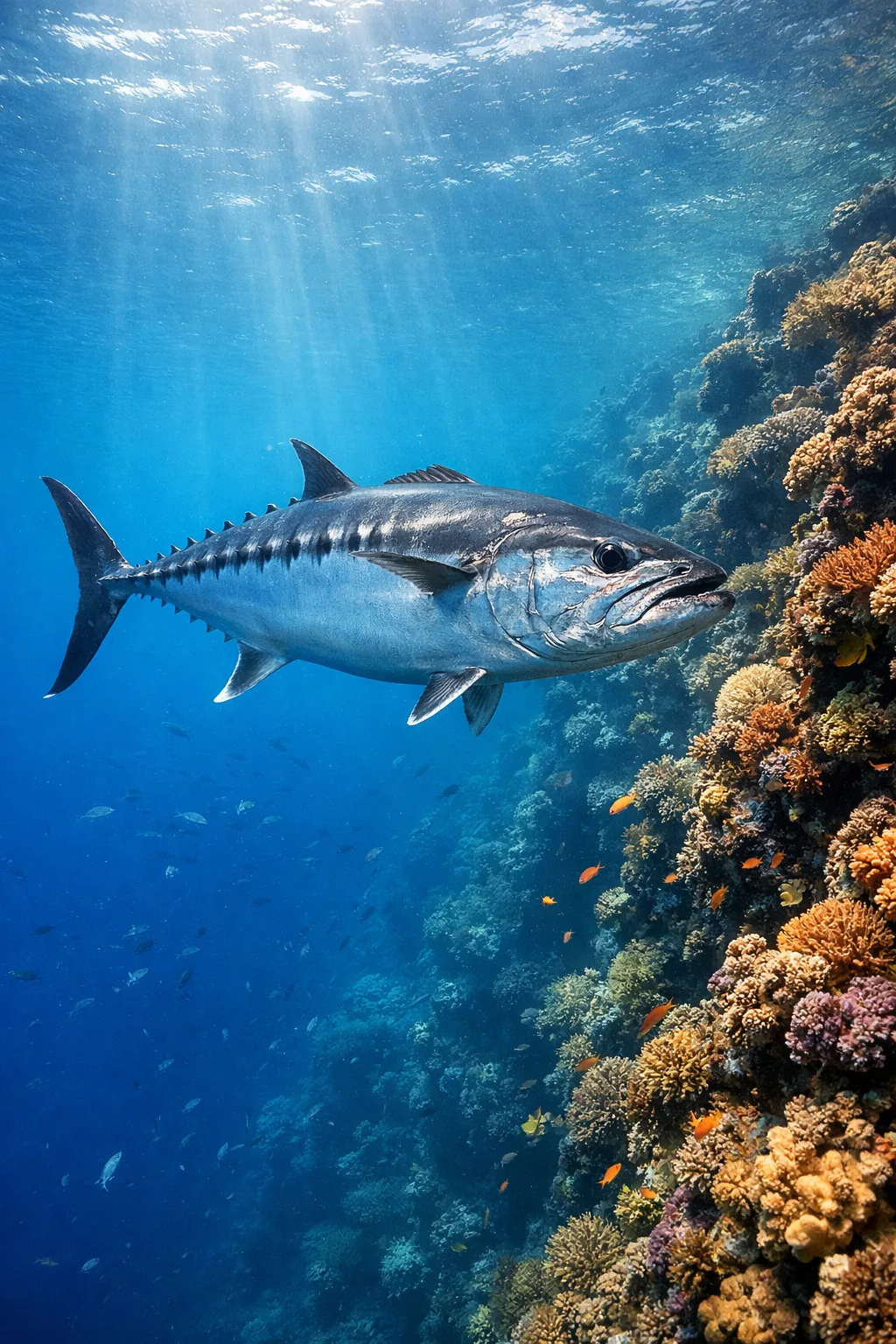 Dogtooth tuna swimming near a coral reef