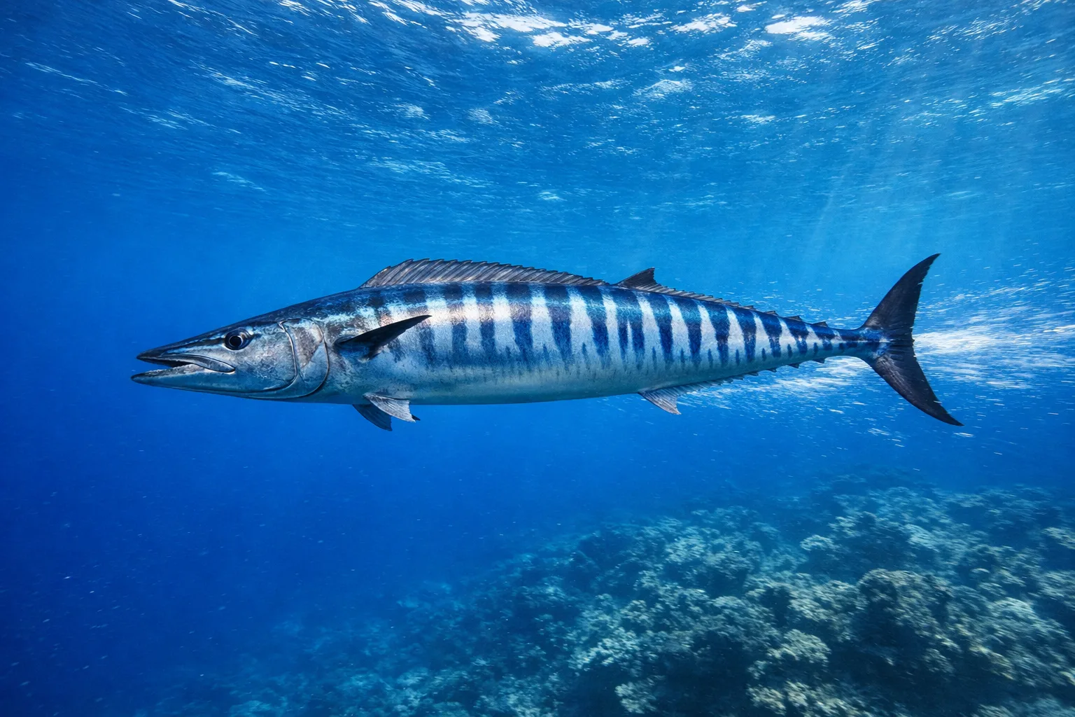 Wahoo fish swimming at speed in blue water